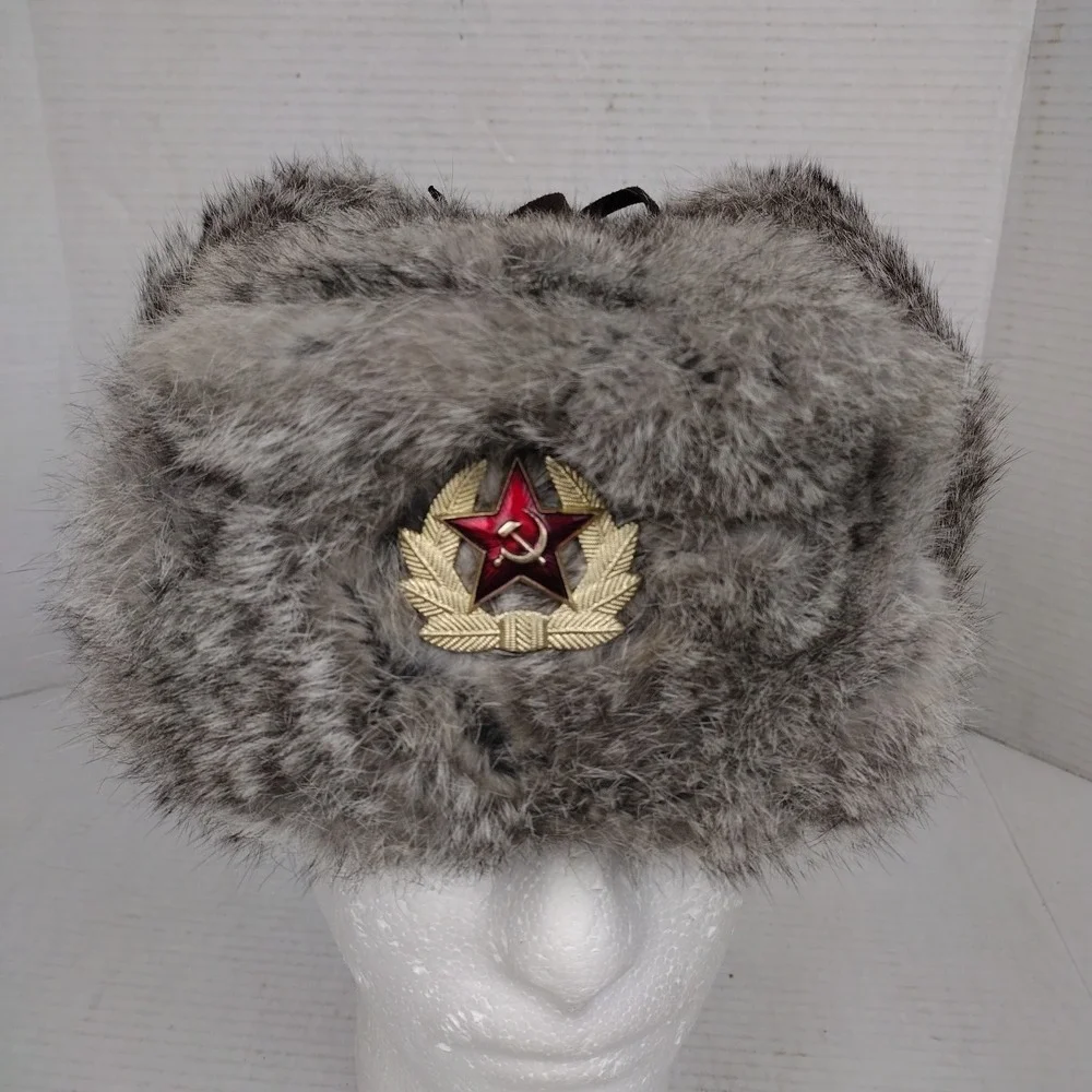 Mad Bomber Rabbit Fur Hat Russian Winter Hat With Eat Flaps Size Large EUC - Picture 2 of 13